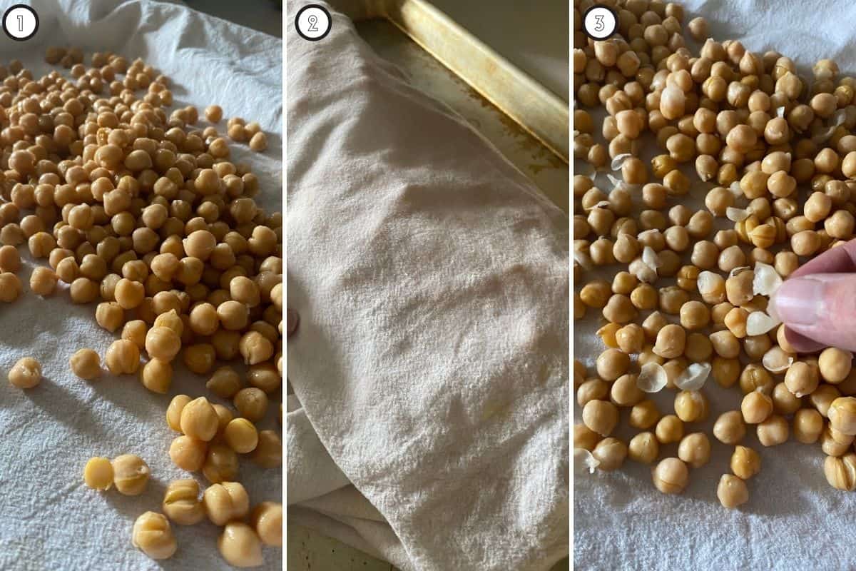 Three panel collage showing how to dry and peel skin off chickpeas before roasting