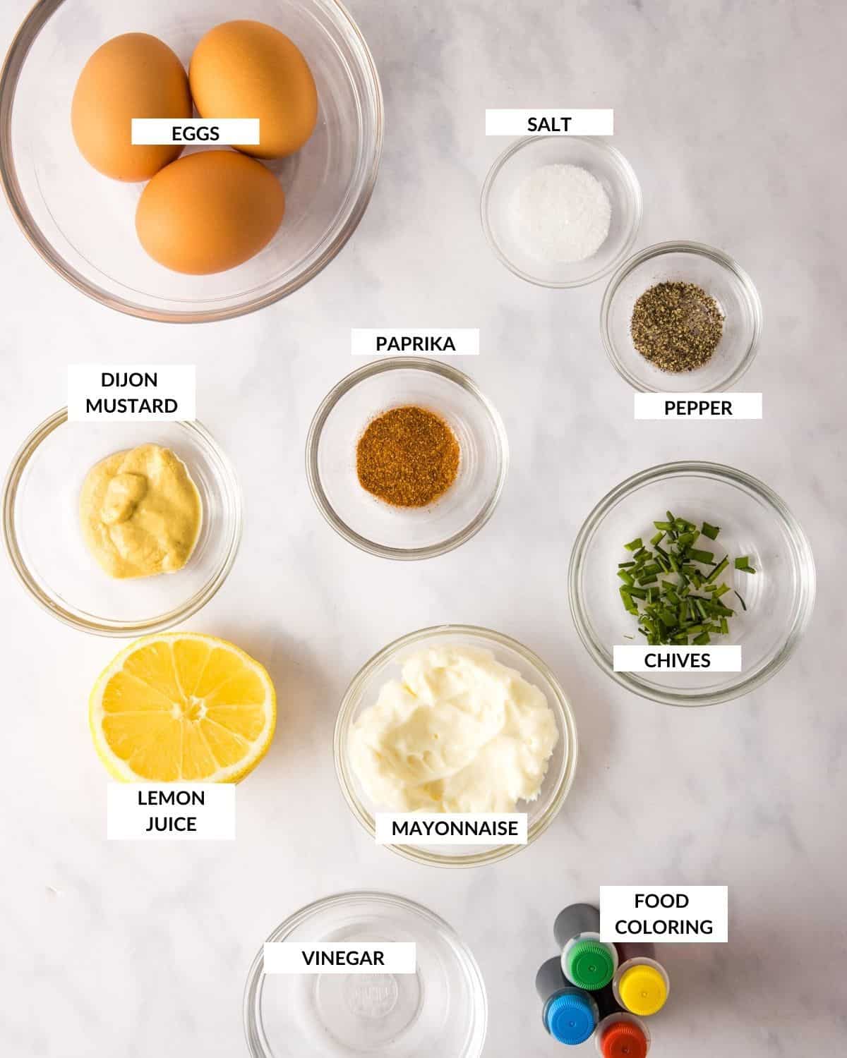 Labeled ingredient list for making colored or Easter deviled eggs - check recipe card for details!
