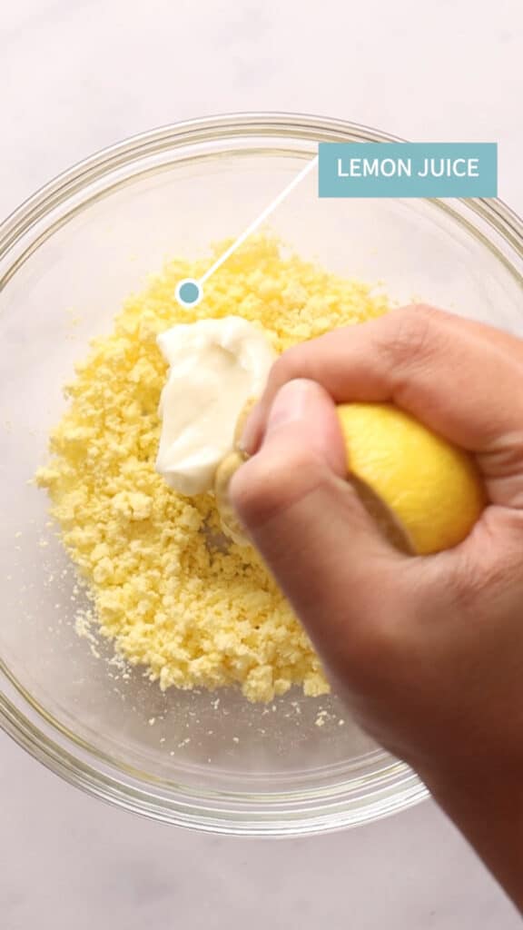 Hand squeezing lemon juice into bowl. 