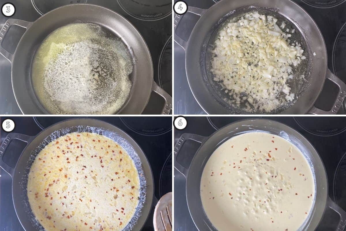 Four panel collage showing sauce for creamed spinach