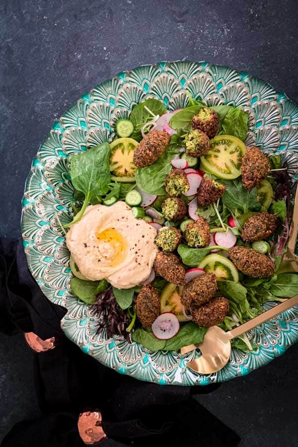 Close up of plate of falafel salad