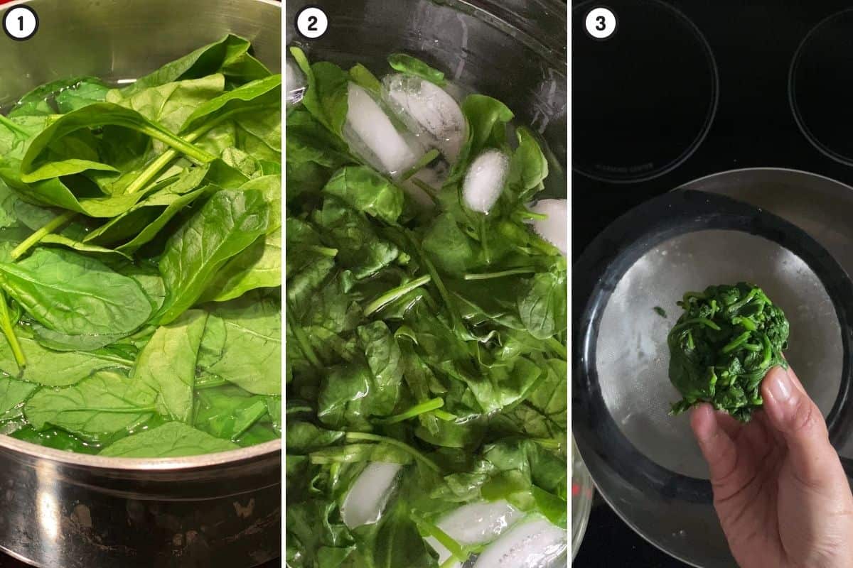 Three panel collage showing how to blanch, ice bath and squeeze excess water out of spinach before freezing