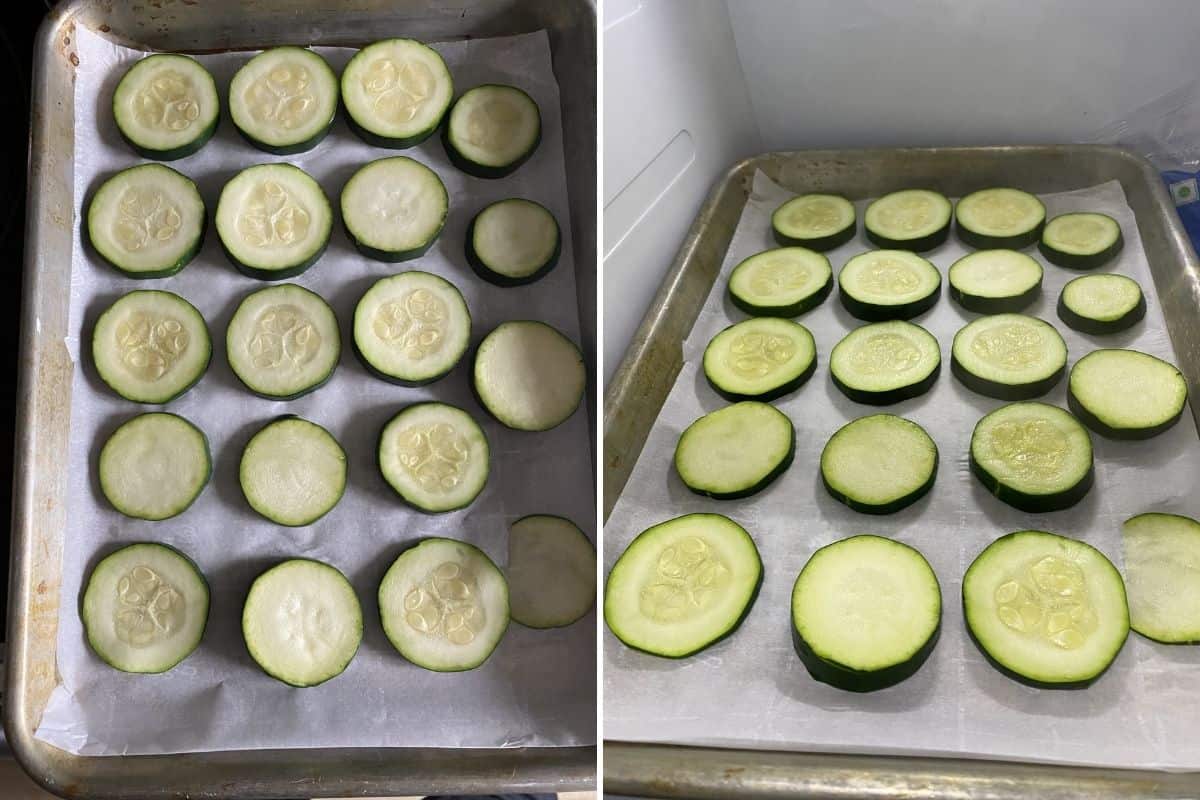 Two panel collage showing how to line up zucchini slices in baking sheet and baking sheet in freezer for flash-freezing