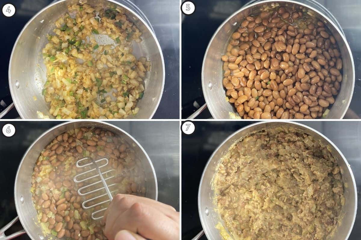 Four panel collage showing how to make refried beans