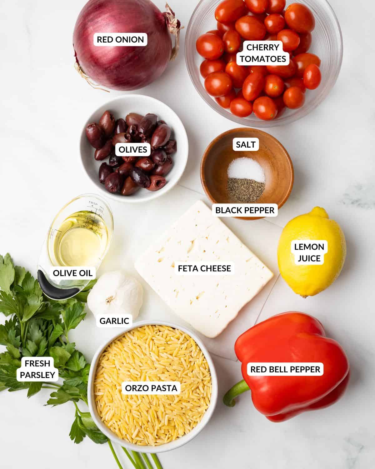 An overhead image of the ingredients of Greek orzo salad.