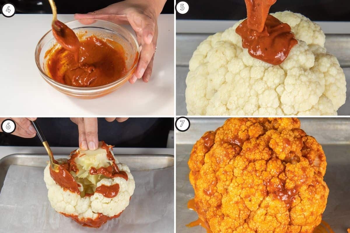 Four step collage showing how to coat cauliflower with gochujang sauce