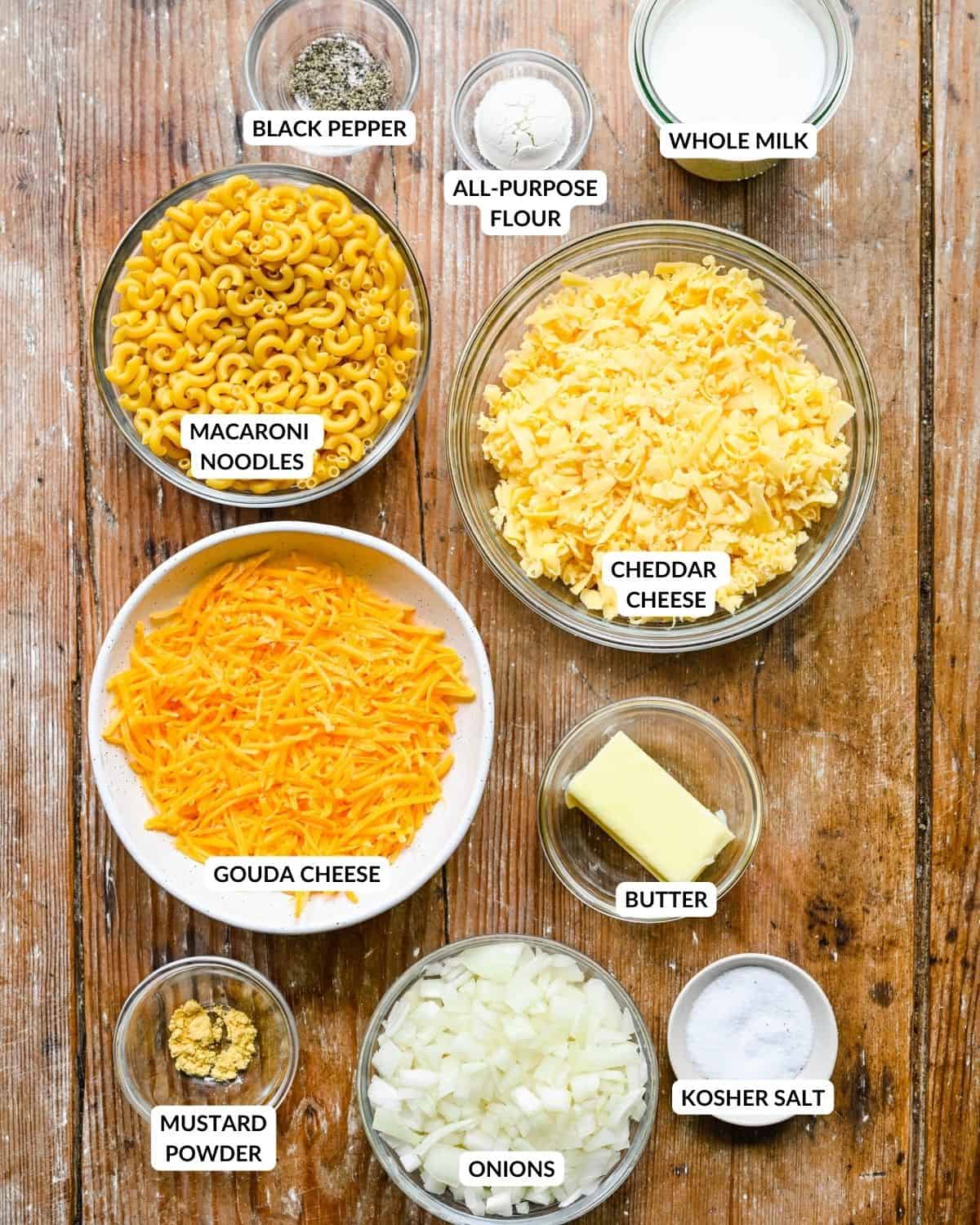 Labeled ingredient list for gouda mac and cheese - check recipe card for details!
