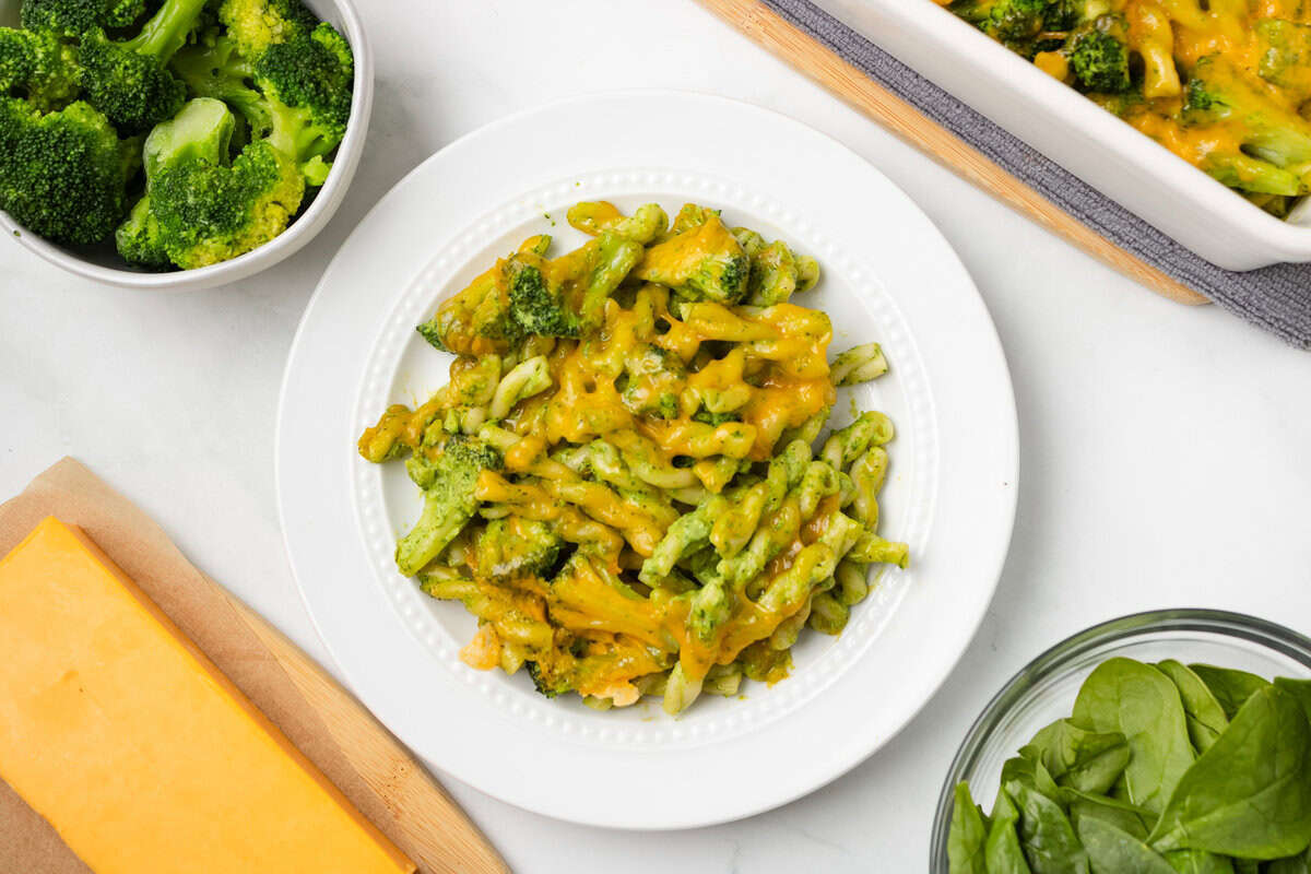 An overhead image of green goddess pasta bake on a serving plate.
