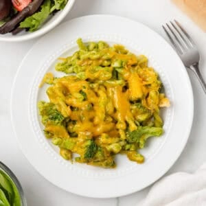 An overhead image of green goddess pasta bake on a serving plate.