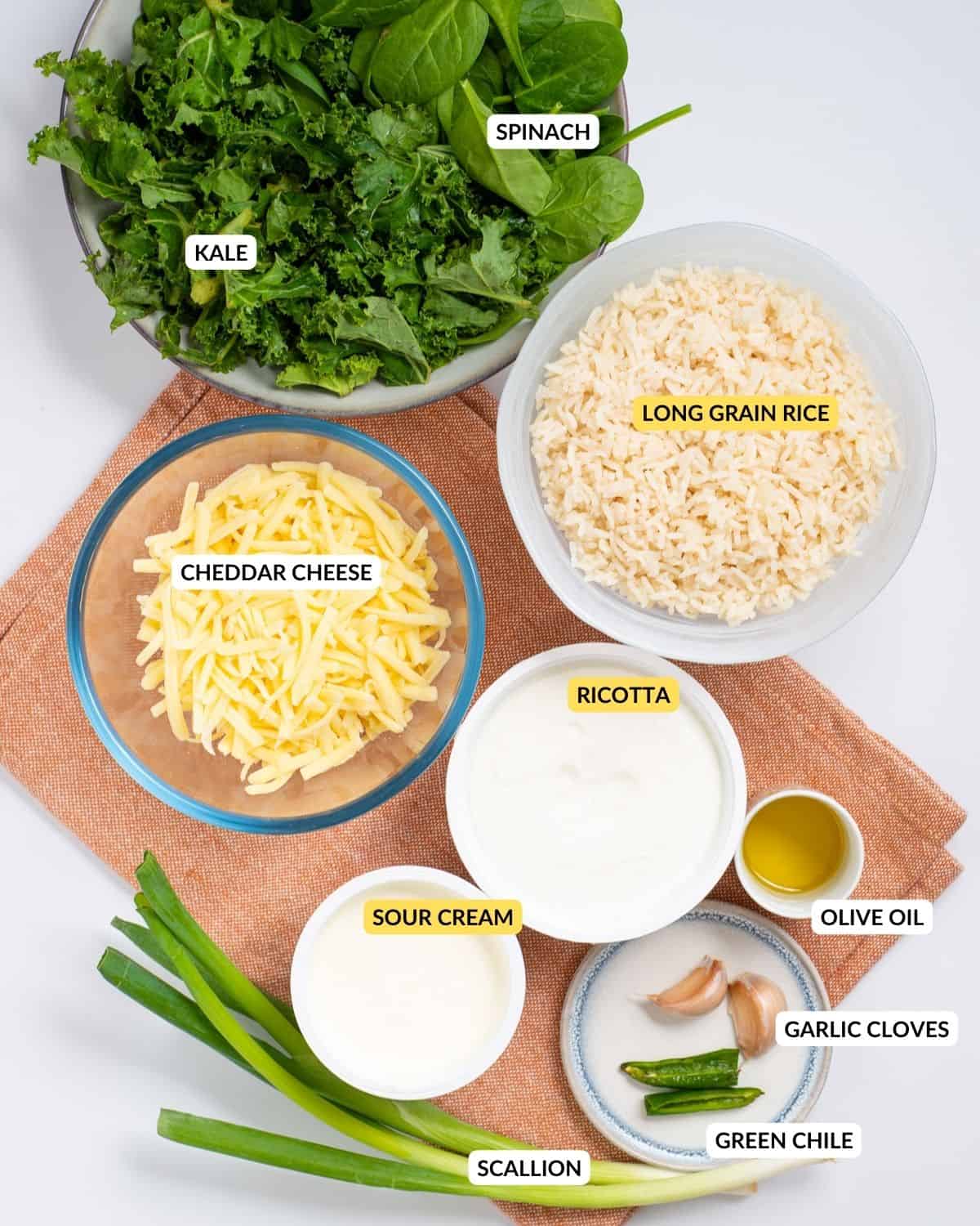 Labeled ingredient list for green rice casserole - check recipe card for details!