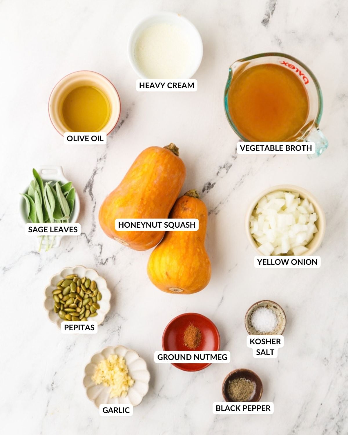 Ingredients for roasted honeynut squash soup.