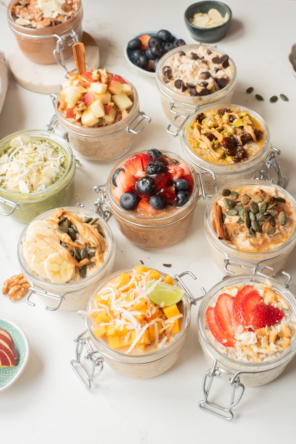 10 high protein overnight oats staggered next to each other