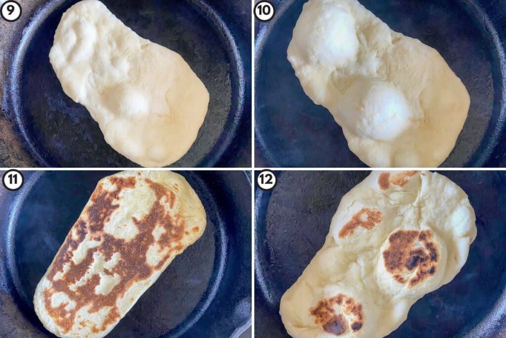 Four step collage showing the first set of bubbles before you cover the naan, the increase in bubbles after cooking it for the first 30-45 seconds, the browned back once you flip it, and then the charred spots when you flip it the last time