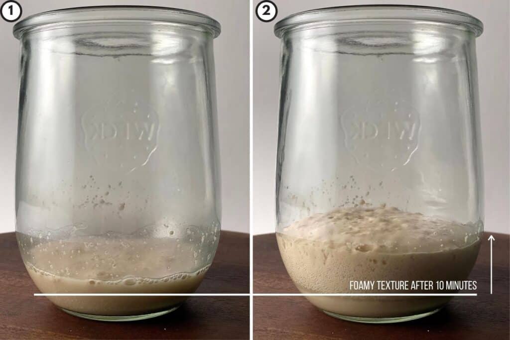 Before and after shots showing how the yeast is activated in 10 minutes