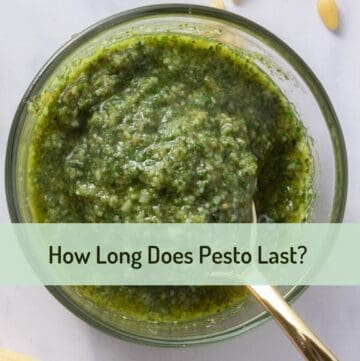 Close up shot of pesto with text overlay of post title.