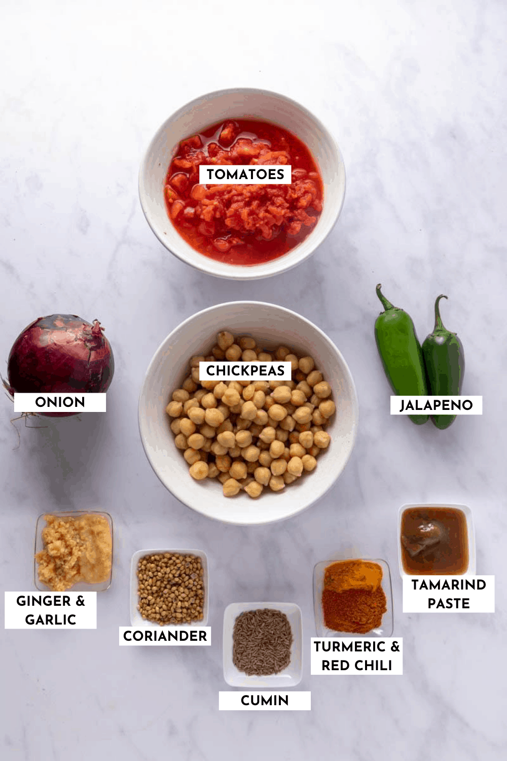 Labeled ingredients for chana masala - refer to recipe card for ingredients and quantities!