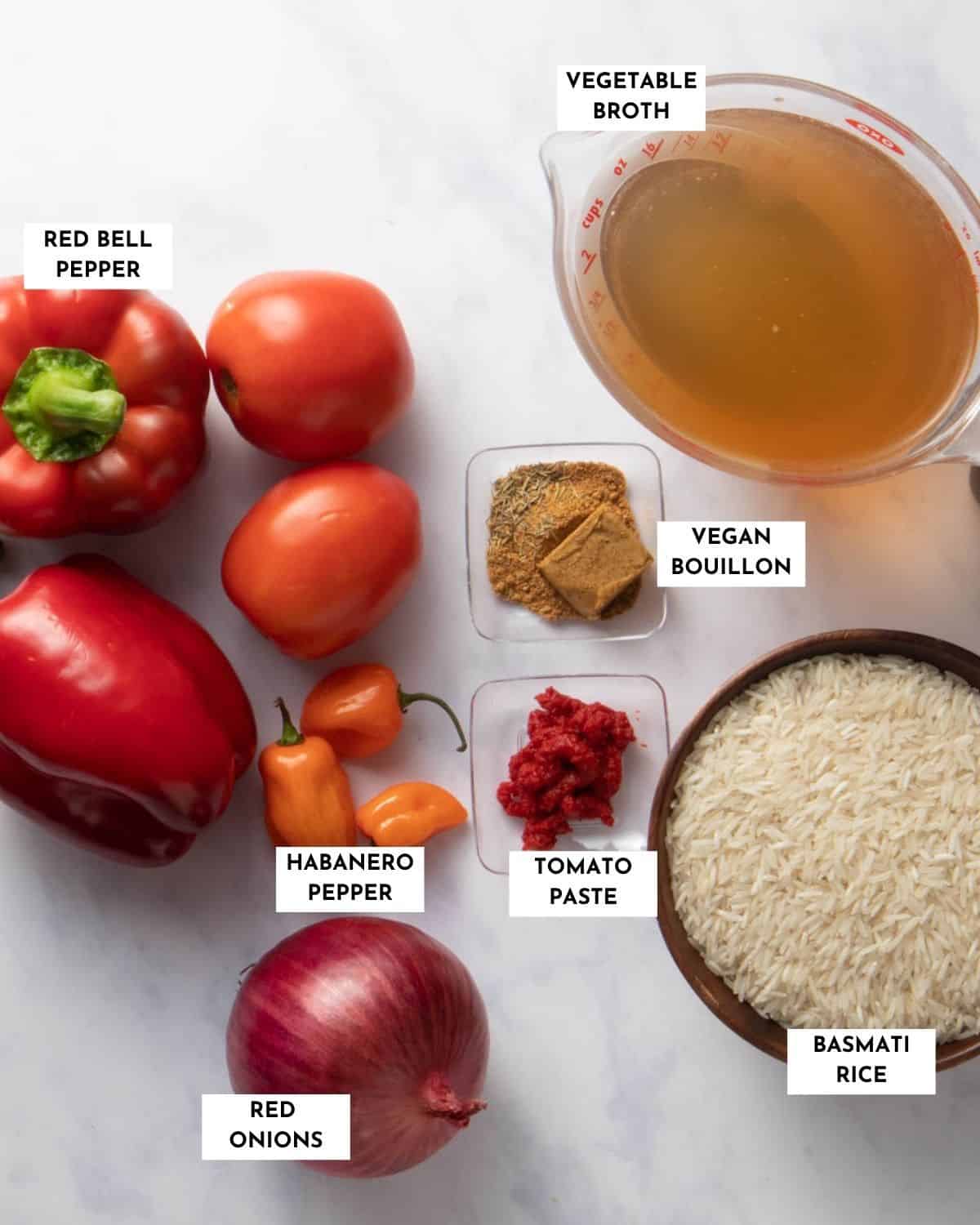 Labeled list of ingredients for Nigerian Jollof Rice