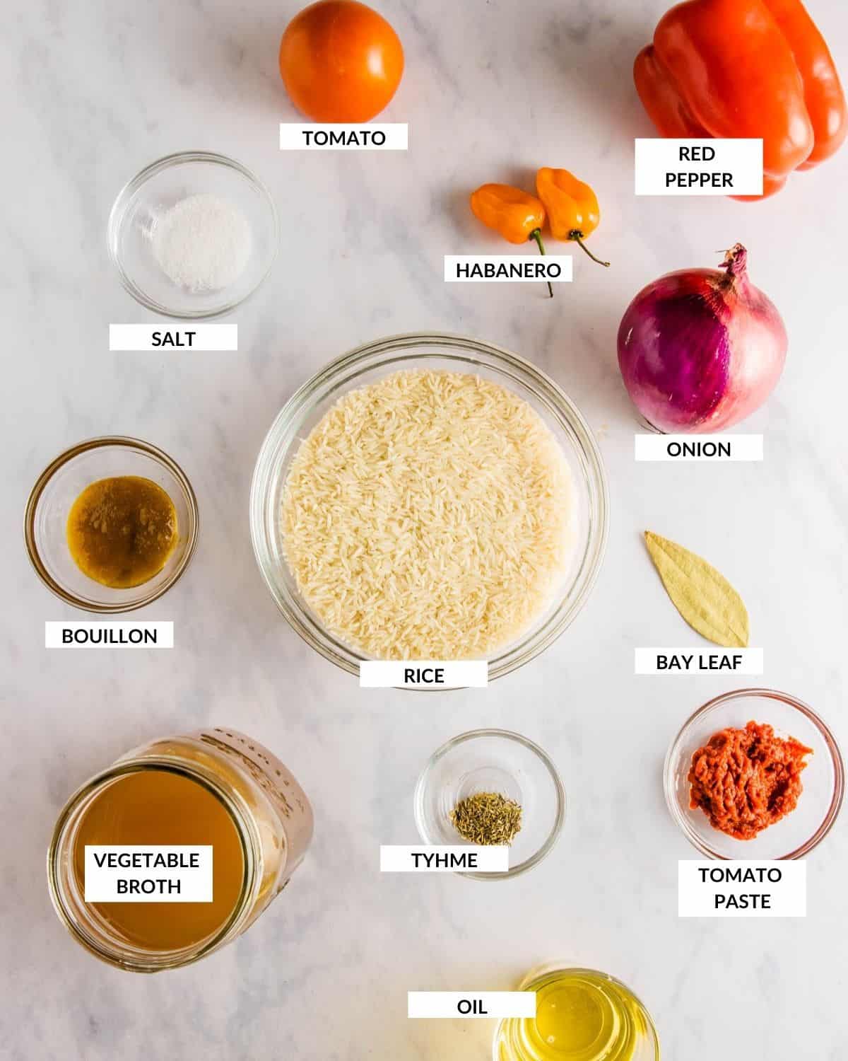 Labeled ingredients collage for Instant Pot Jollof - check recipe card for details!