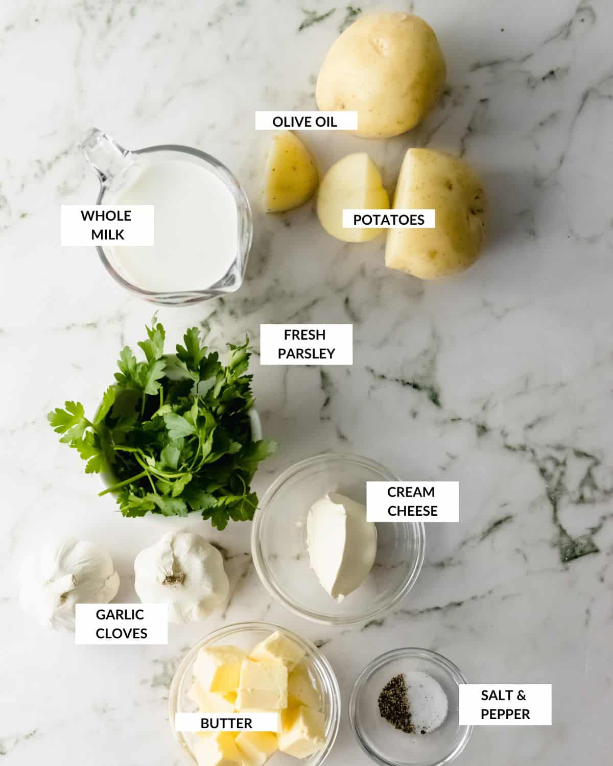 Labeled ingredients for making Instant Pot mashed potatoes.
