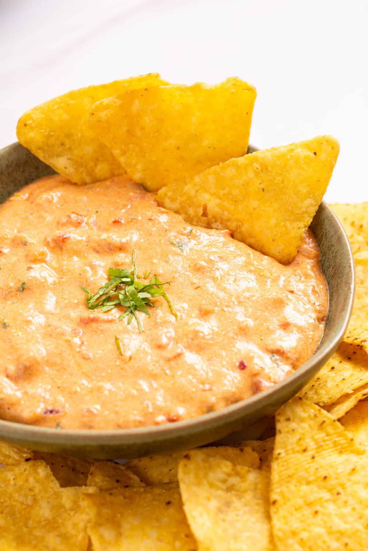 An image of queso in a bowl with nacho chips on the side.