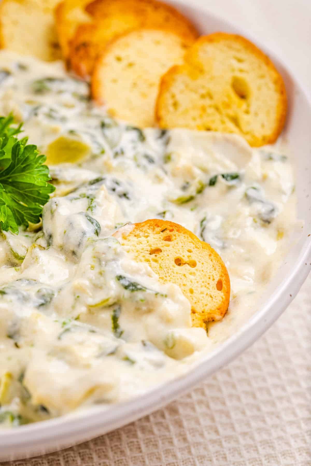 Close up side view of spinach artichoke dip in a white bowl with crostini in it.