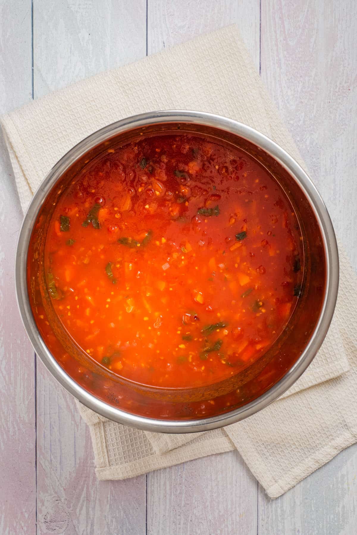 Overhead view of cooked Instant Pot tomato soup.