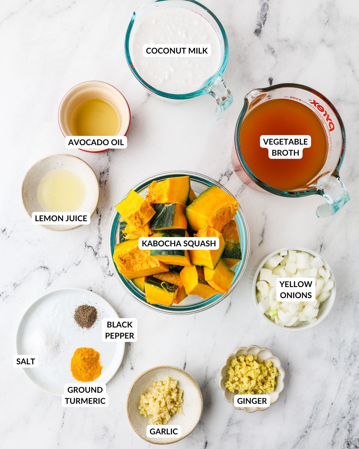 An overhead image of the ingredients of kabocha squash soup.
