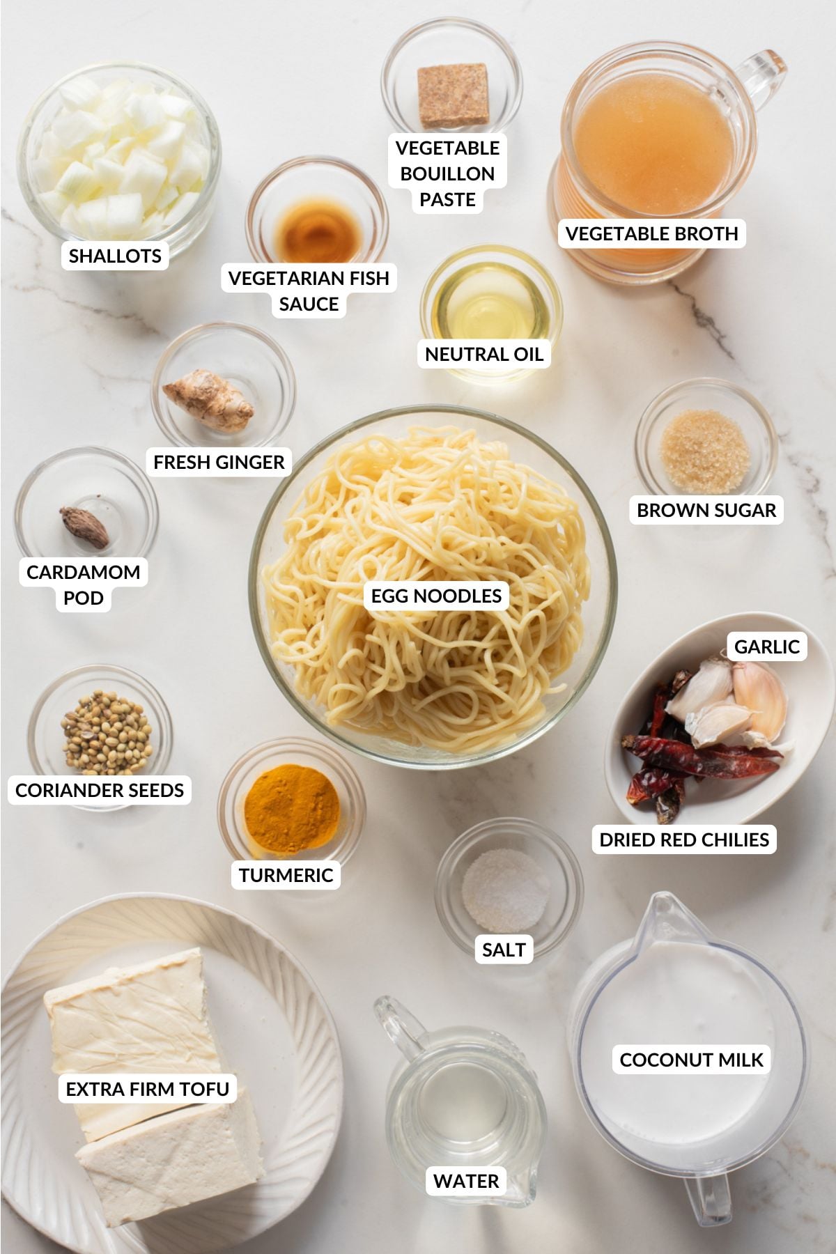 An overhead image of the ingredients of khao soi.