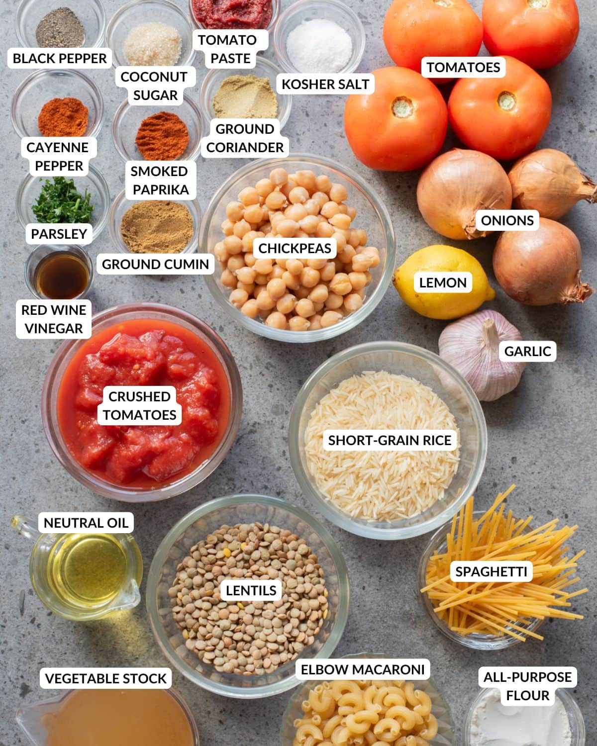 Ingredients for Egyptian koshari.