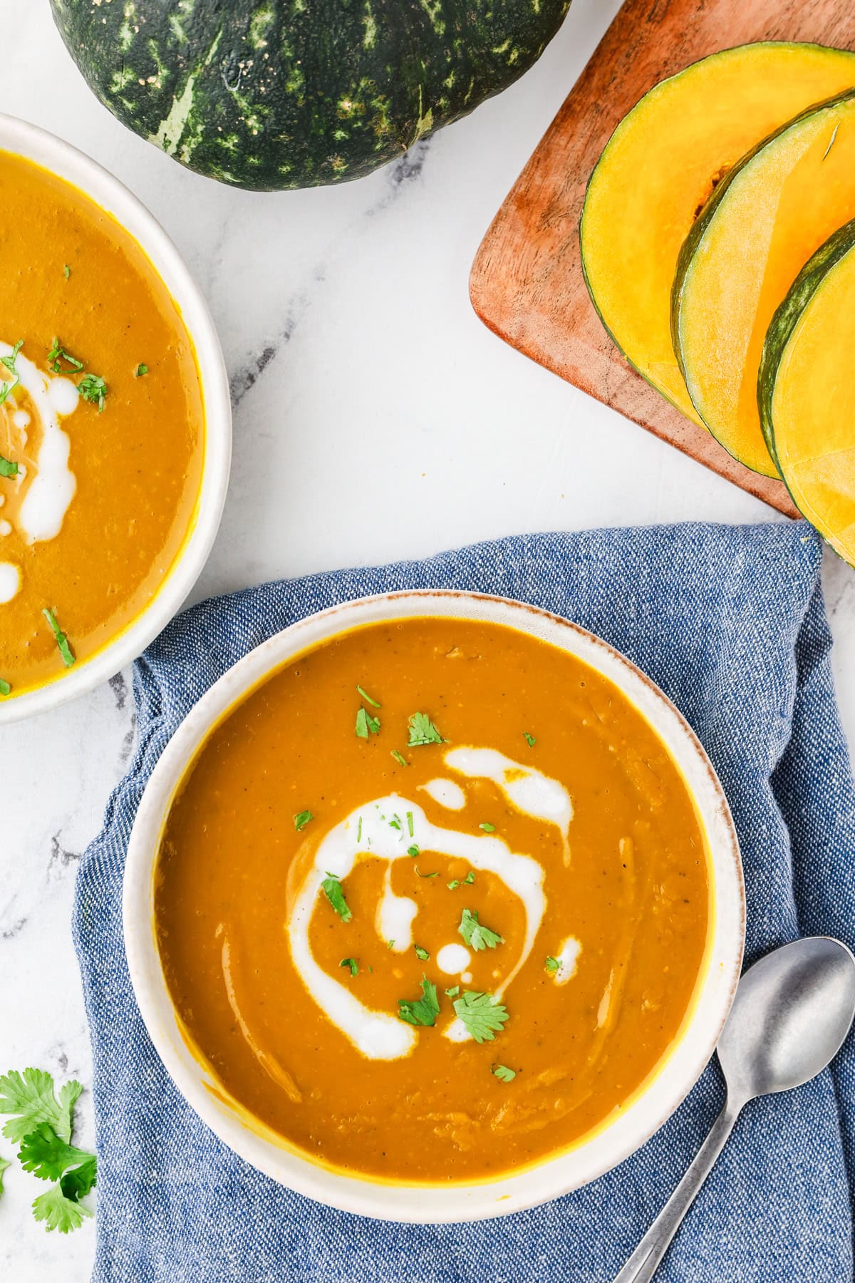 An overhead image of serving the soup in a bowl.