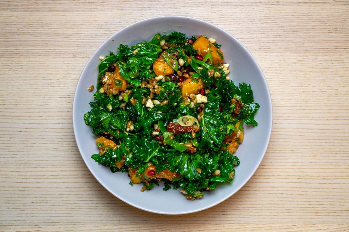Overhead view of a white plate full of kale, butternut squash, and farro salad.