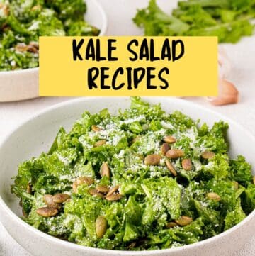 Close up of white bowl with kale salad, with yellow box and text overlay of title.
