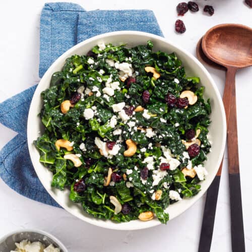 An overhead image of kale salad with cranberries