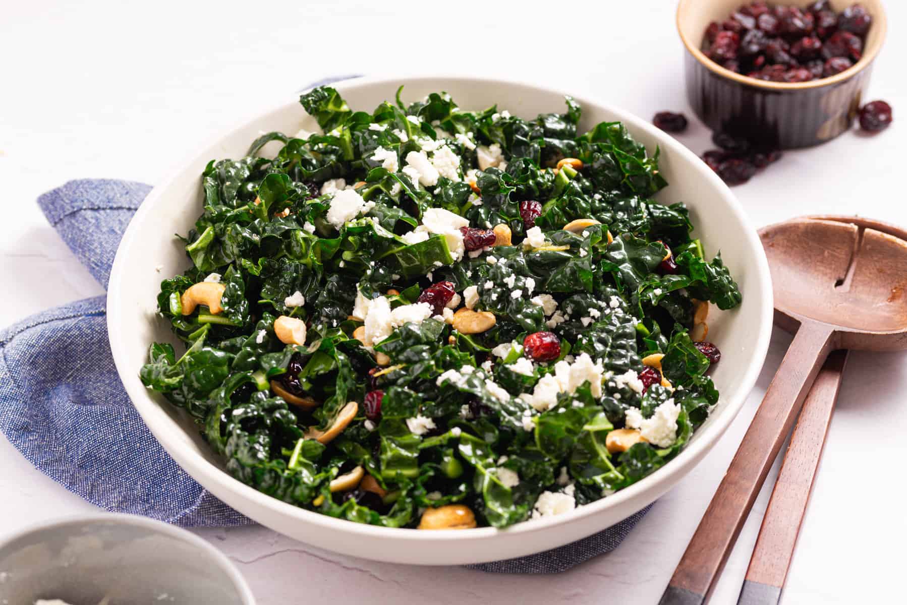 A horizontal image of kale salad with cranberries