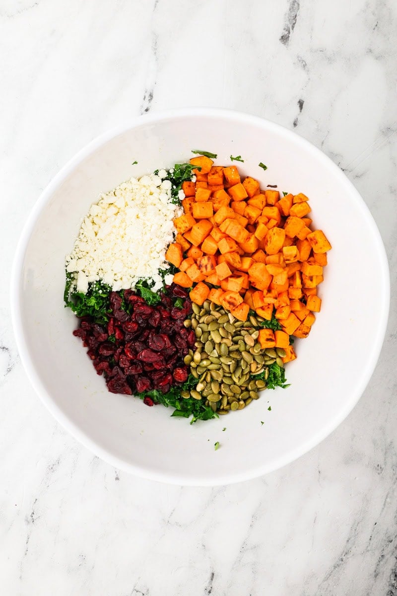 An overhead image of assembling the salad.