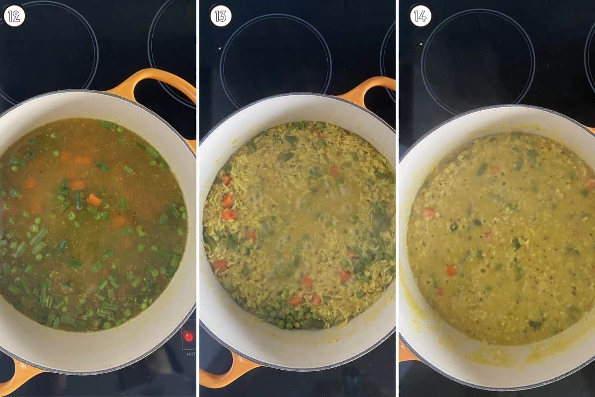 Three panel collage showing consistency changes as kitchari cooks