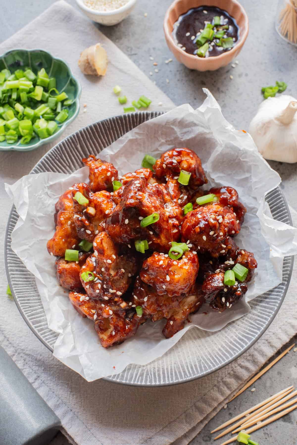 An overhead image of Korean fried cauliflower on a serving plate.