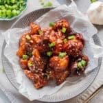 An overhead image of Korean fried cauliflower on a serving plate.