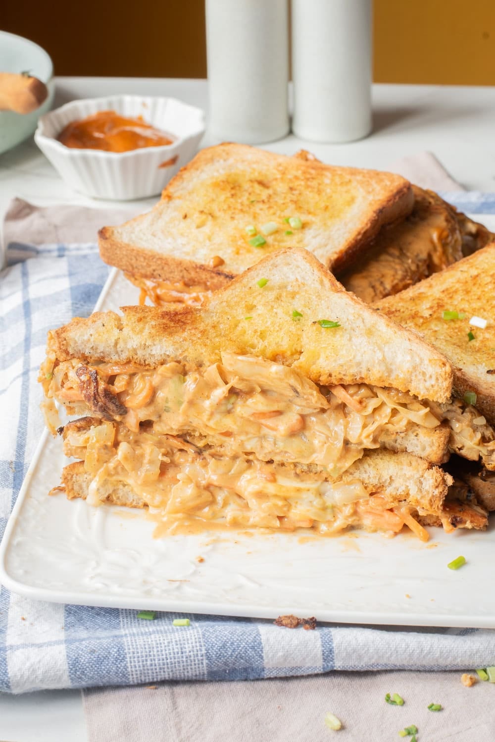 Close up of Korean egg sandwich on a platter.