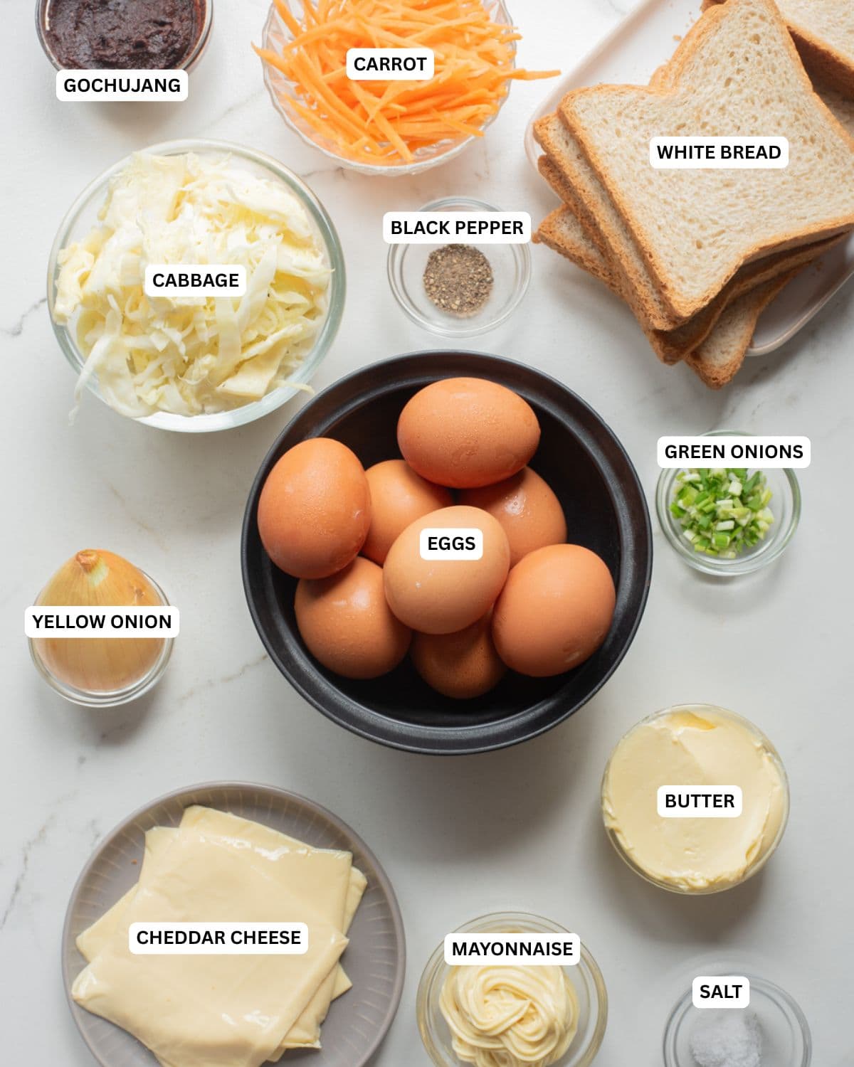 Overhead image of the ingredients for Korean egg sandwich.