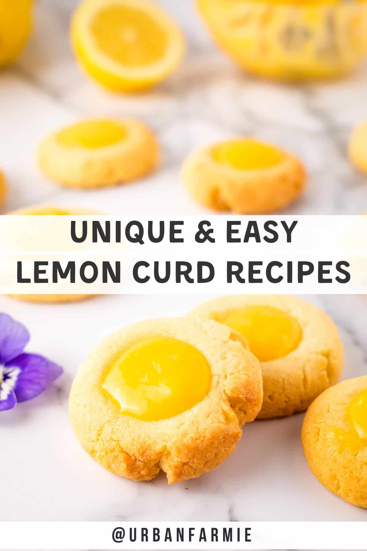 Side angle of a lemon curd cookie on a white table with text overlay with post title. 