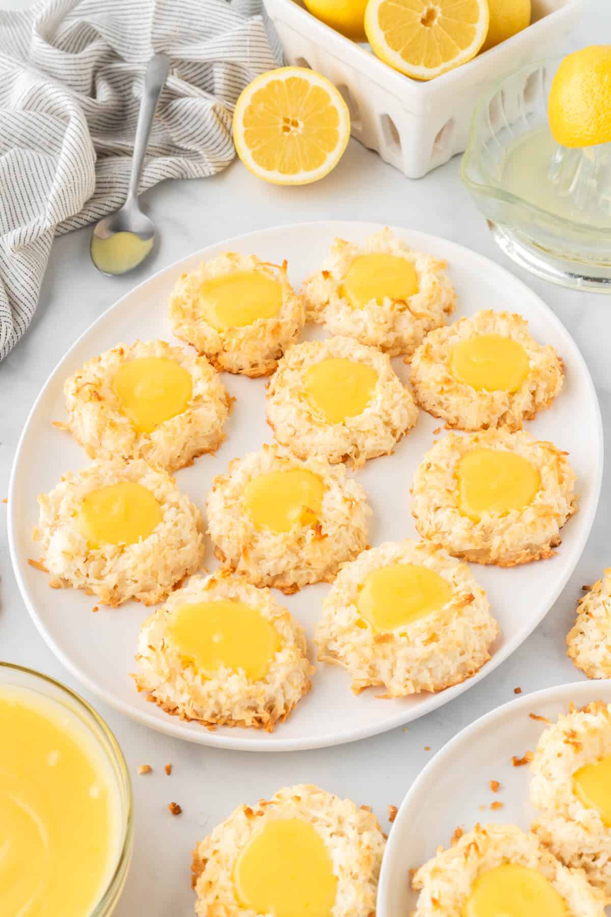 Plate of lemon curd coconut macaroons on a white plate