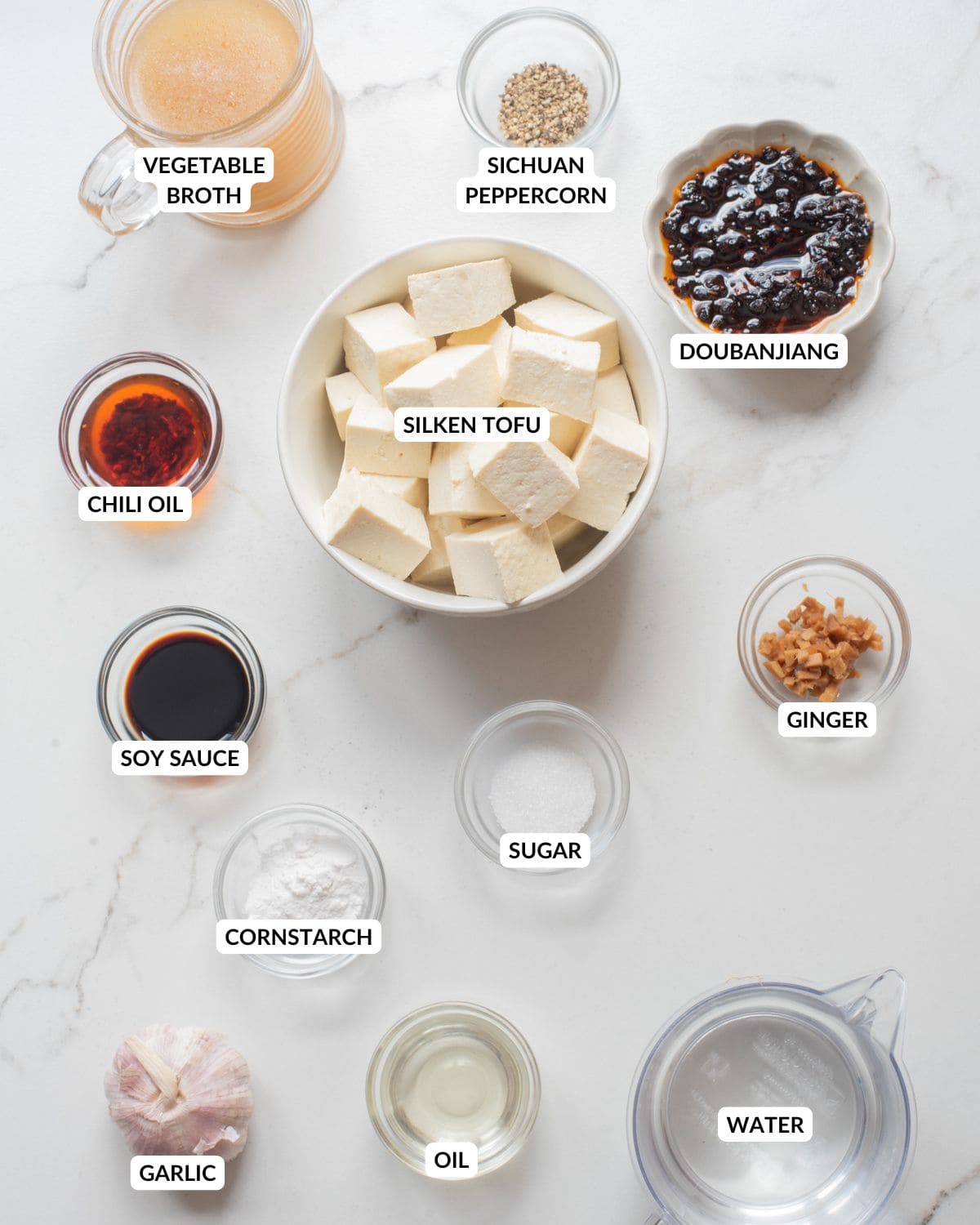 An overhead image of the ingredients of mapo tofu.