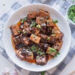 An overhead image of mapo tofu served in a bowl.