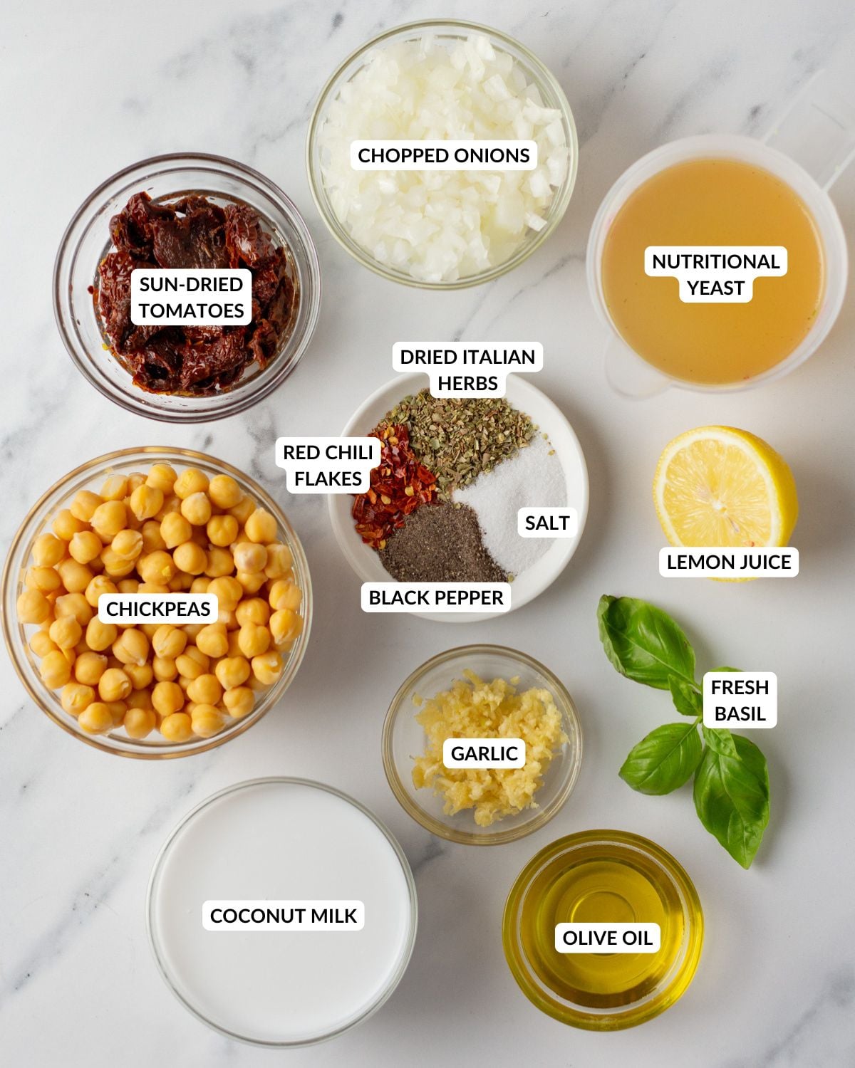 An overhead image of the ingredients of marry me chickpeas.