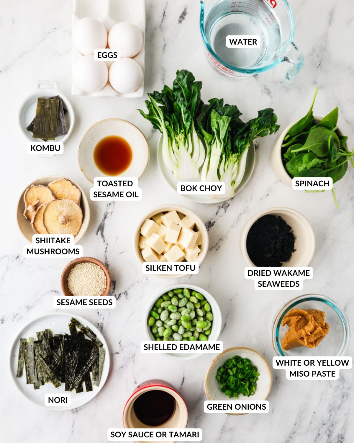 An overhead image of the ingredients of miso soup.