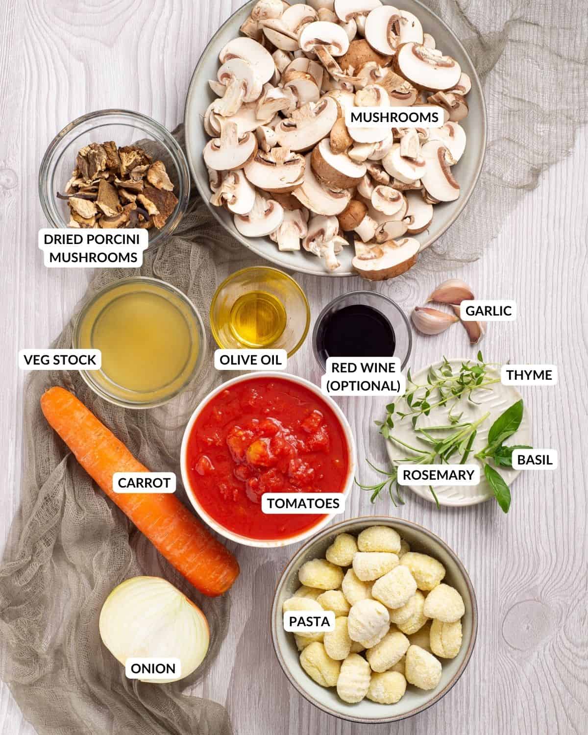 An image of the ingredients of mushroom ragu in separate bowls with labels.