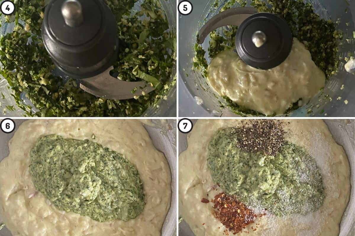 Four panel collage showing how to make basil cream sauce