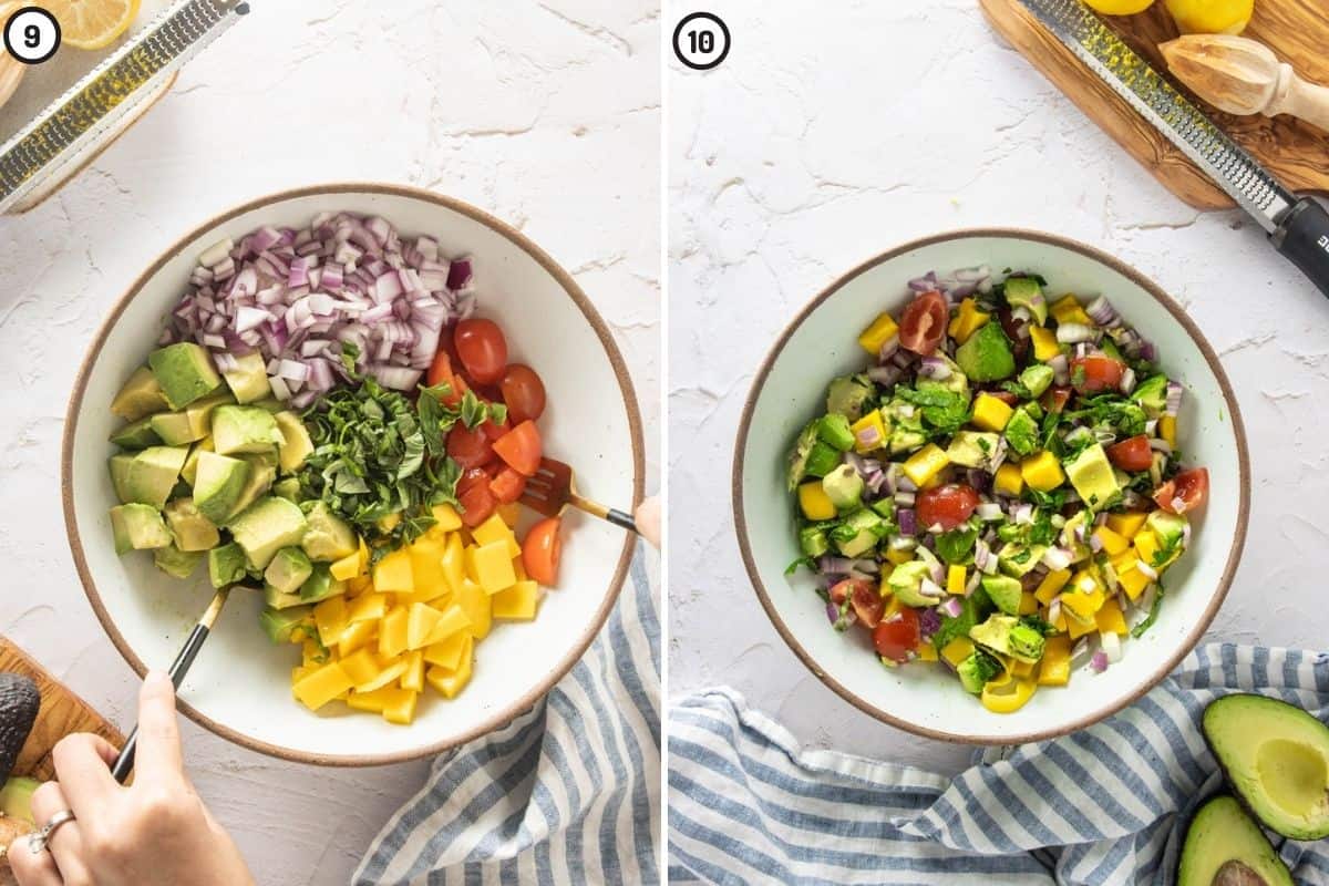 Two panel collage showing before and after mixing the salad 