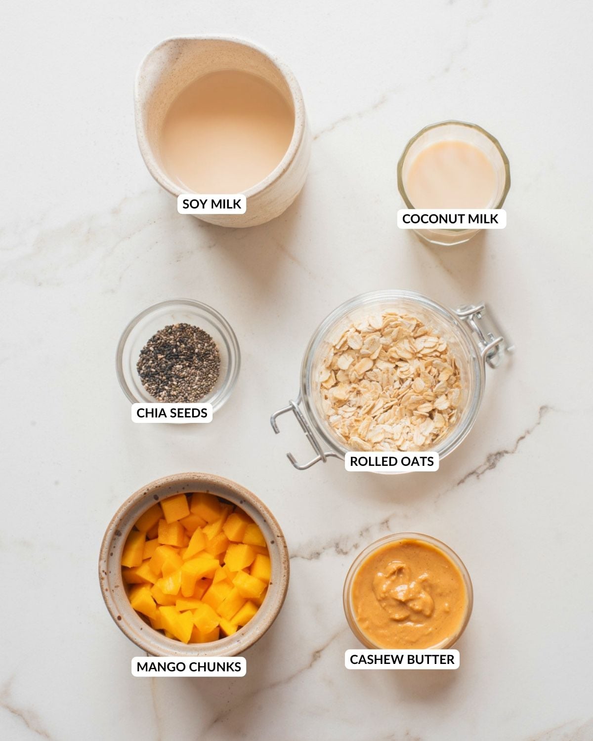 Overhead image of the ingredients of mango coconut chia overnight oats.